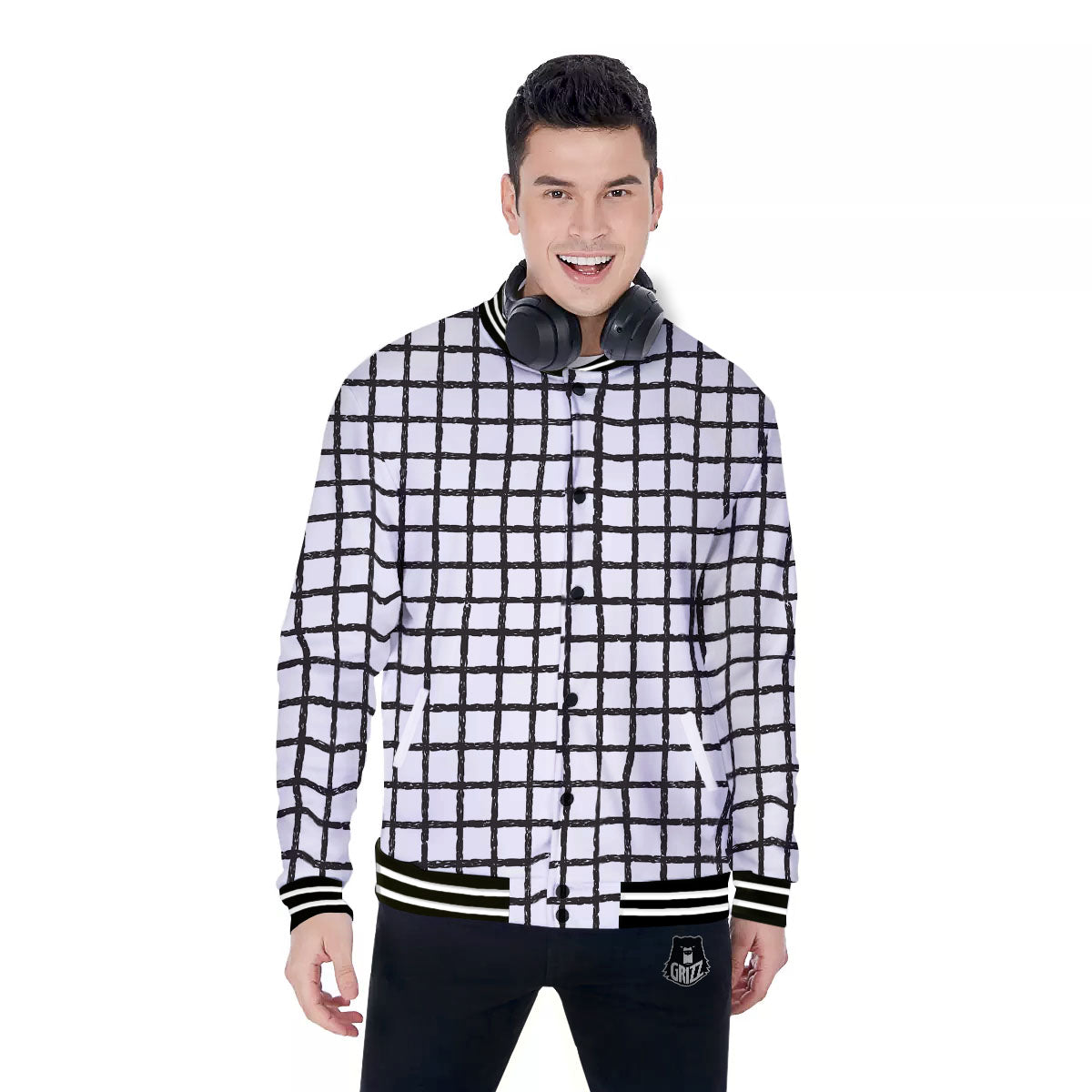 Windowpane White And Black Print Pattern Baseball Jacket-grizzshop