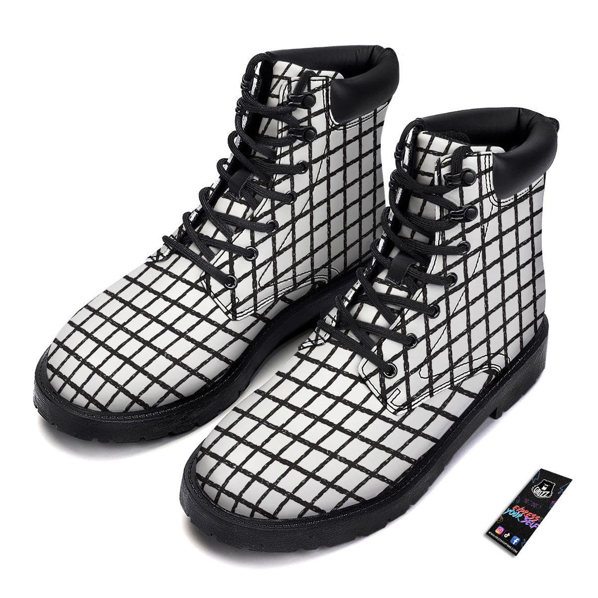 Windowpane White And Black Print Pattern Boots-grizzshop