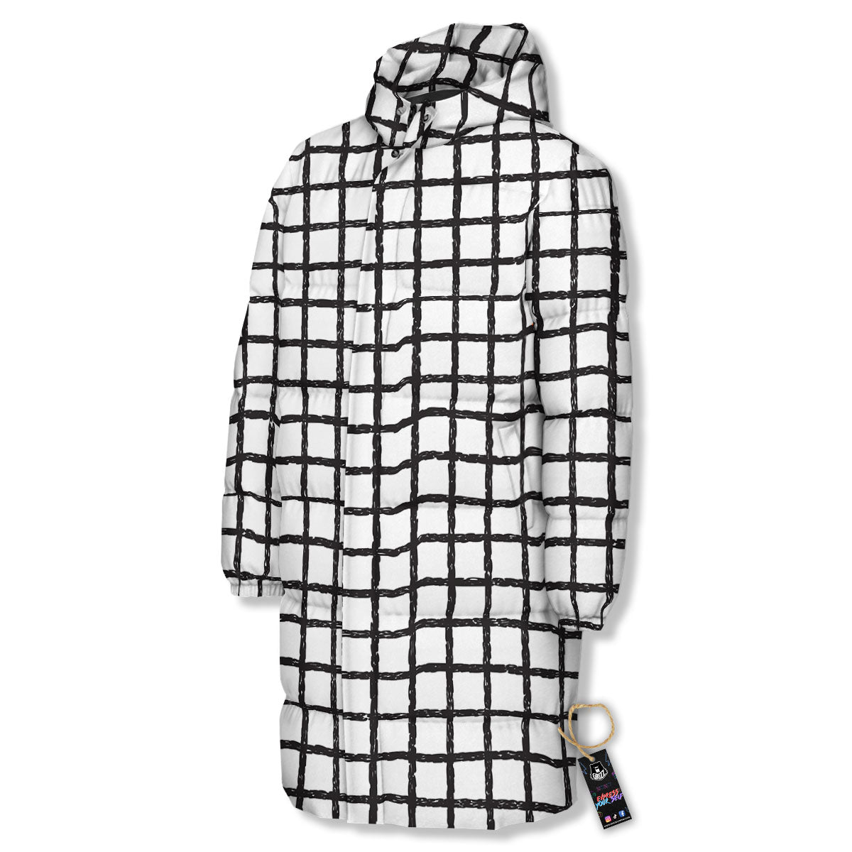 Windowpane White And Black Print Pattern Long Down Jacket-grizzshop