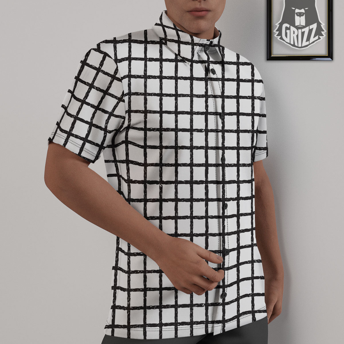 Windowpane White And Black Print Pattern Untucked Shirts-grizzshop