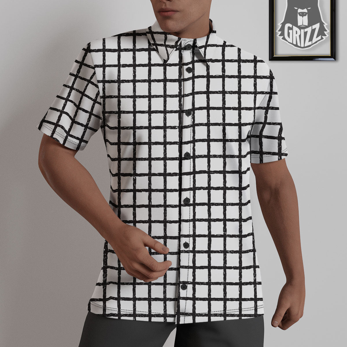 Windowpane White And Black Print Pattern Untucked Shirts-grizzshop