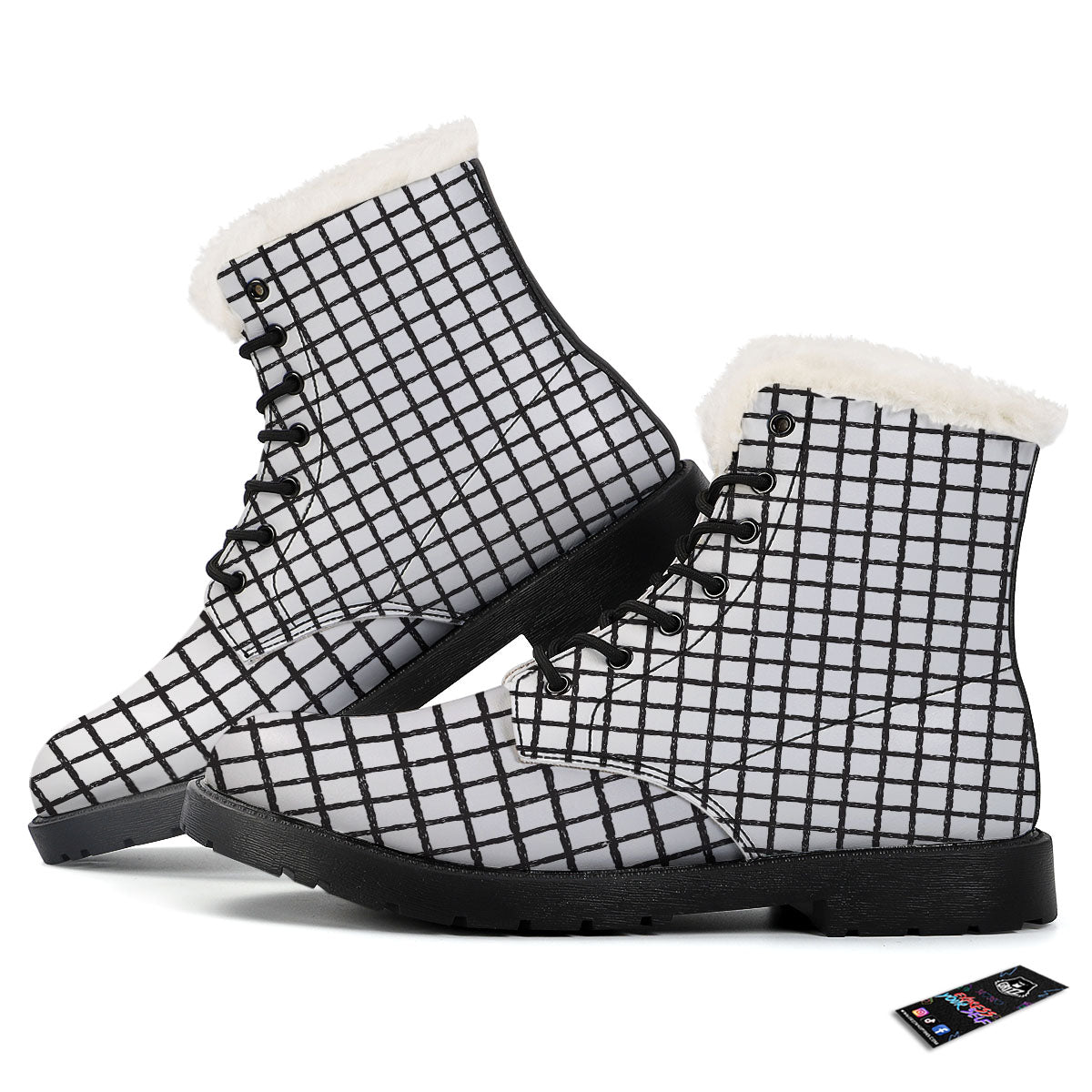 Windowpane White And Black Print Pattern Winter Boots-grizzshop