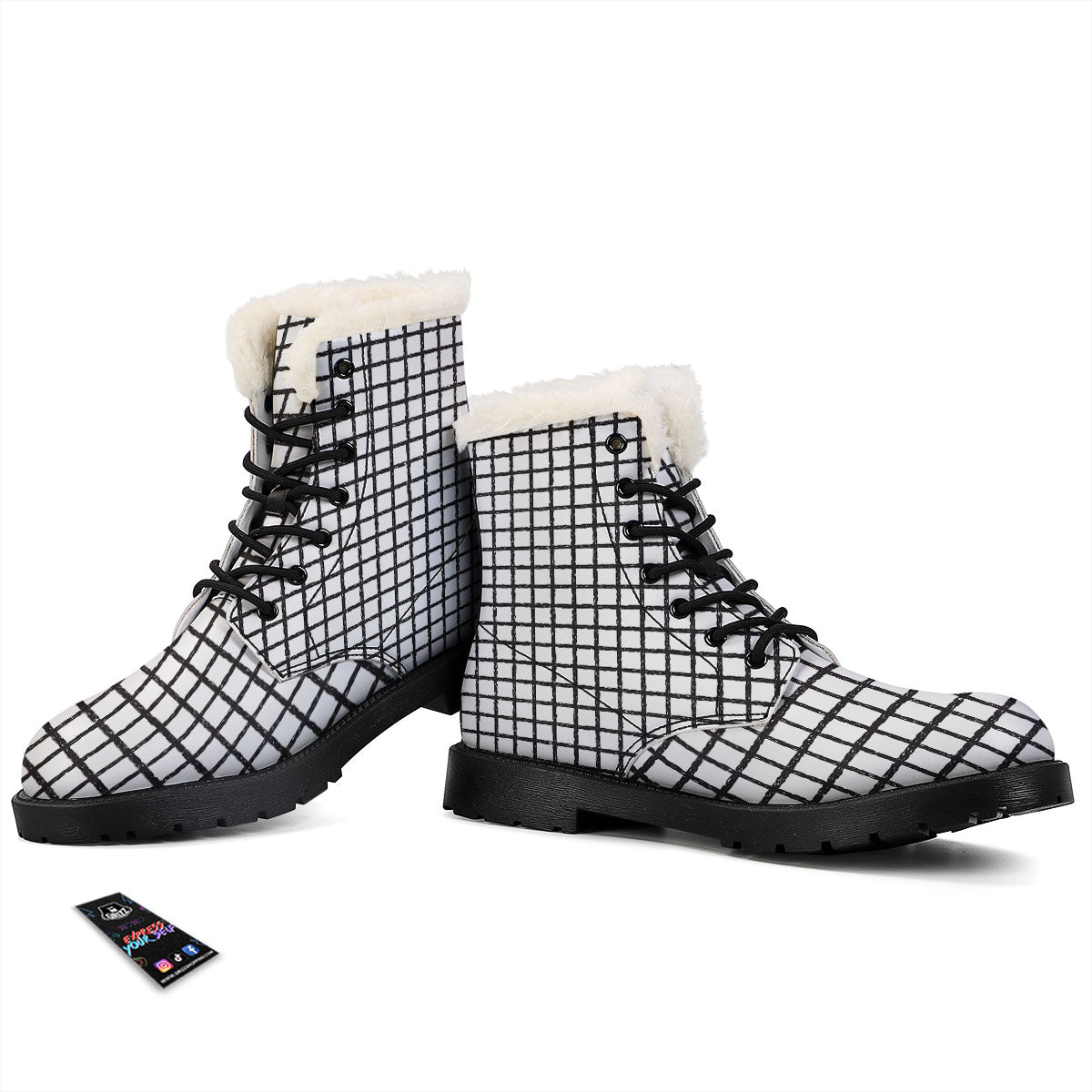 Windowpane White And Black Print Pattern Winter Boots-grizzshop