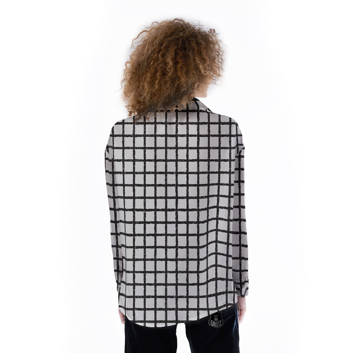 Windowpane White And Black Print Pattern Women's Long Sleeve Shirts-grizzshop