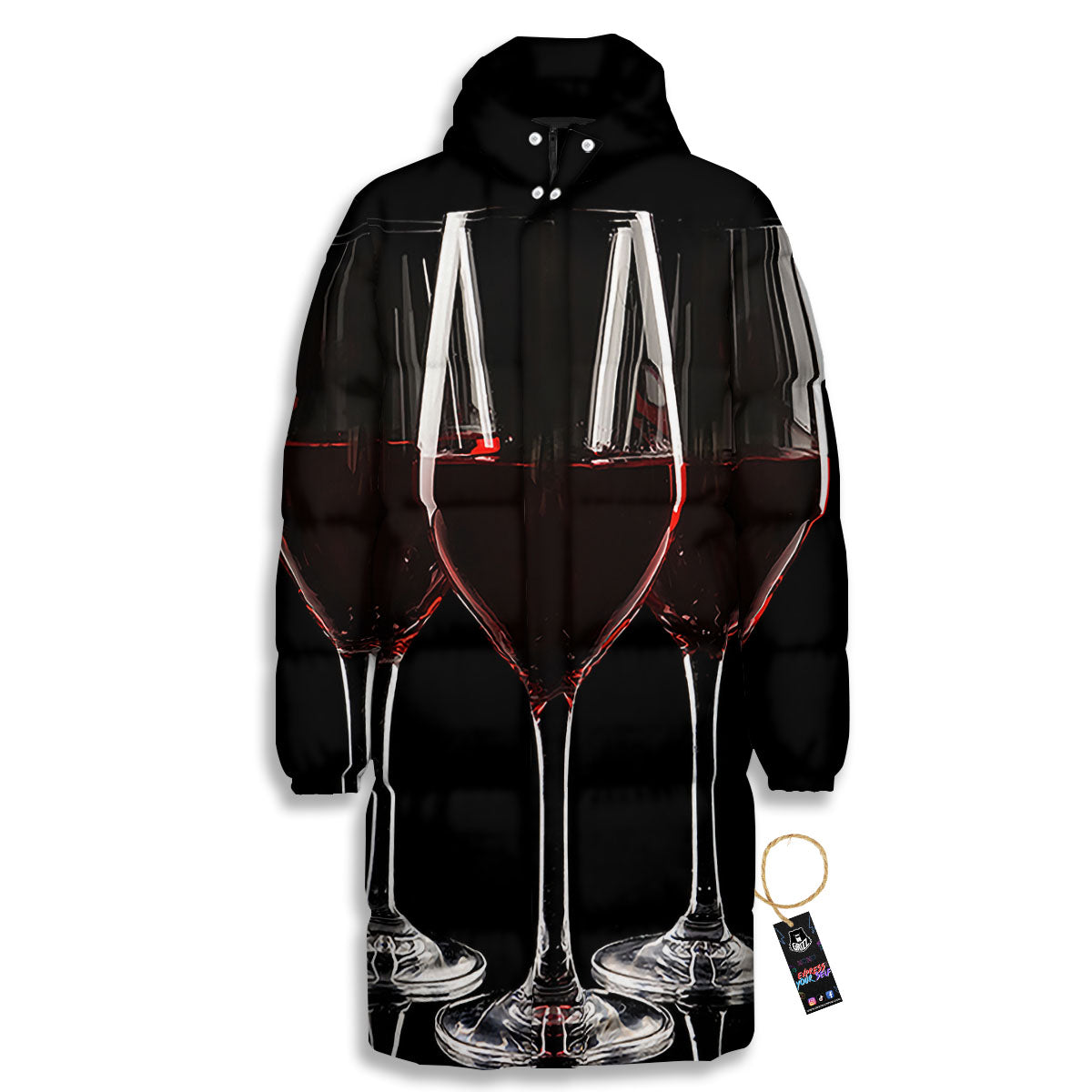Wine Glasses Print Long Down Jacket-grizzshop