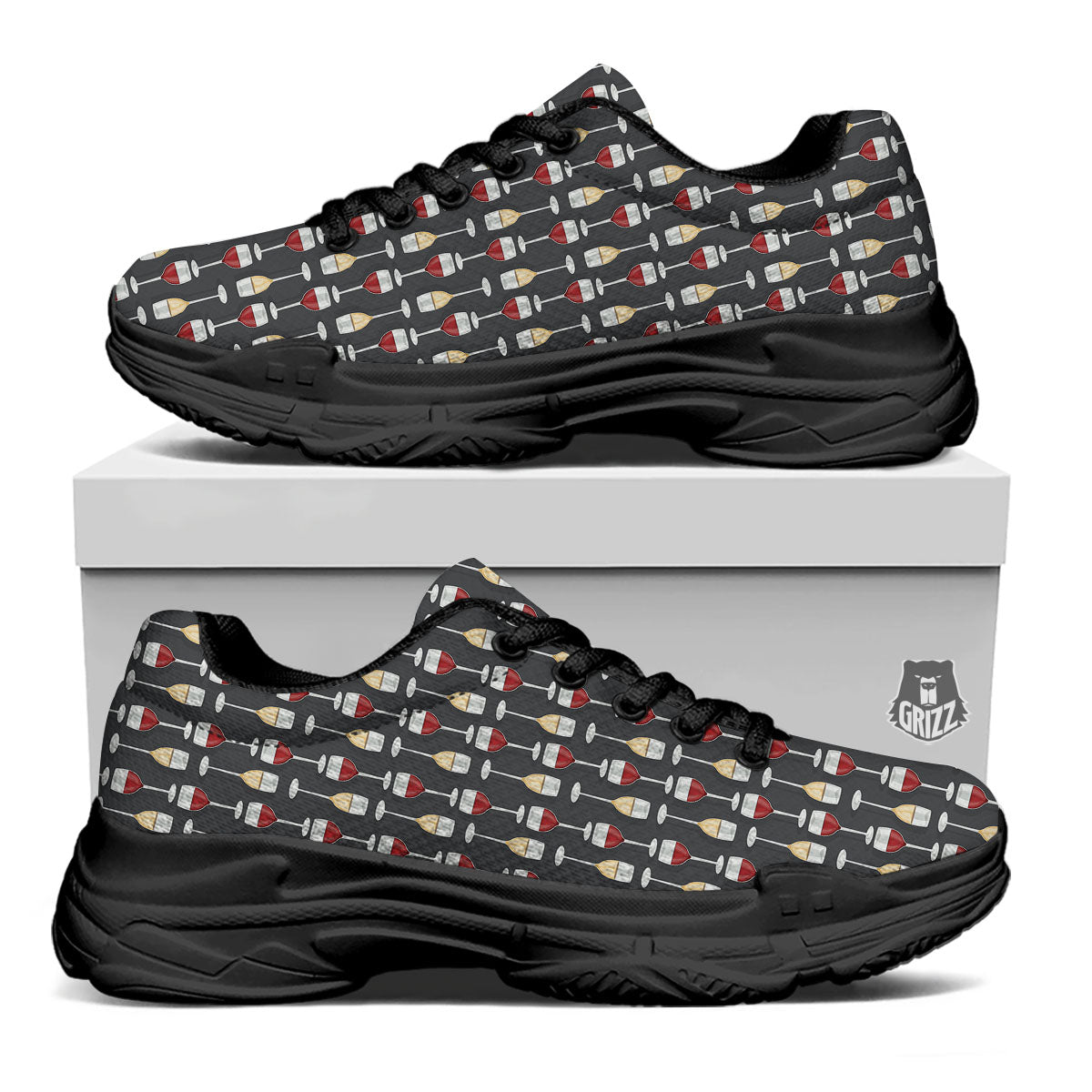 Wine Glasses Print Pattern Black Chunky Shoes-grizzshop