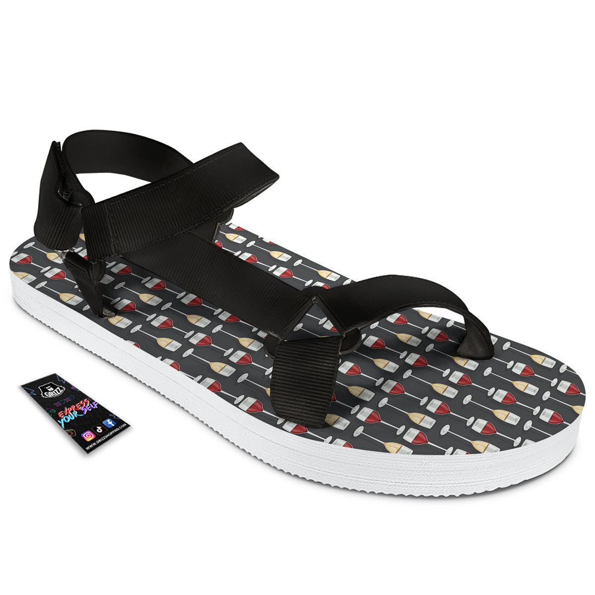 Wine Glasses Print Pattern Black Open Toe Sandals-grizzshop