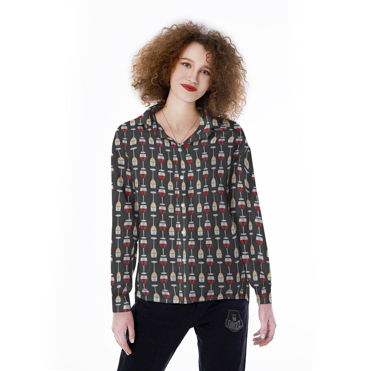 Wine Glasses Print Pattern Women's Long Sleeve Shirts-grizzshop
