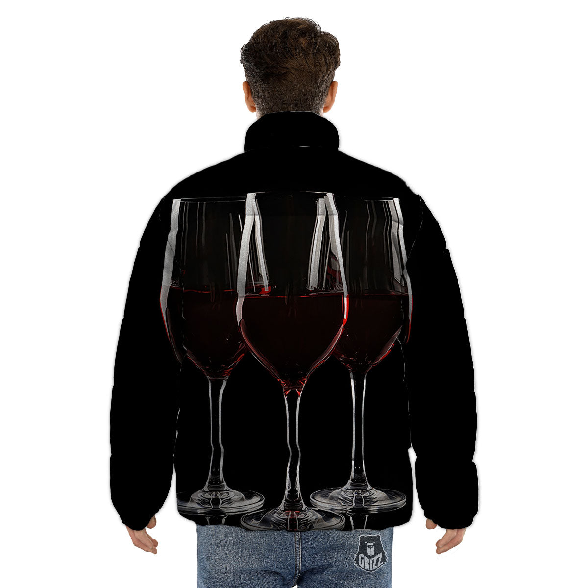 Wine Glasses Print Puffer Jacket-grizzshop