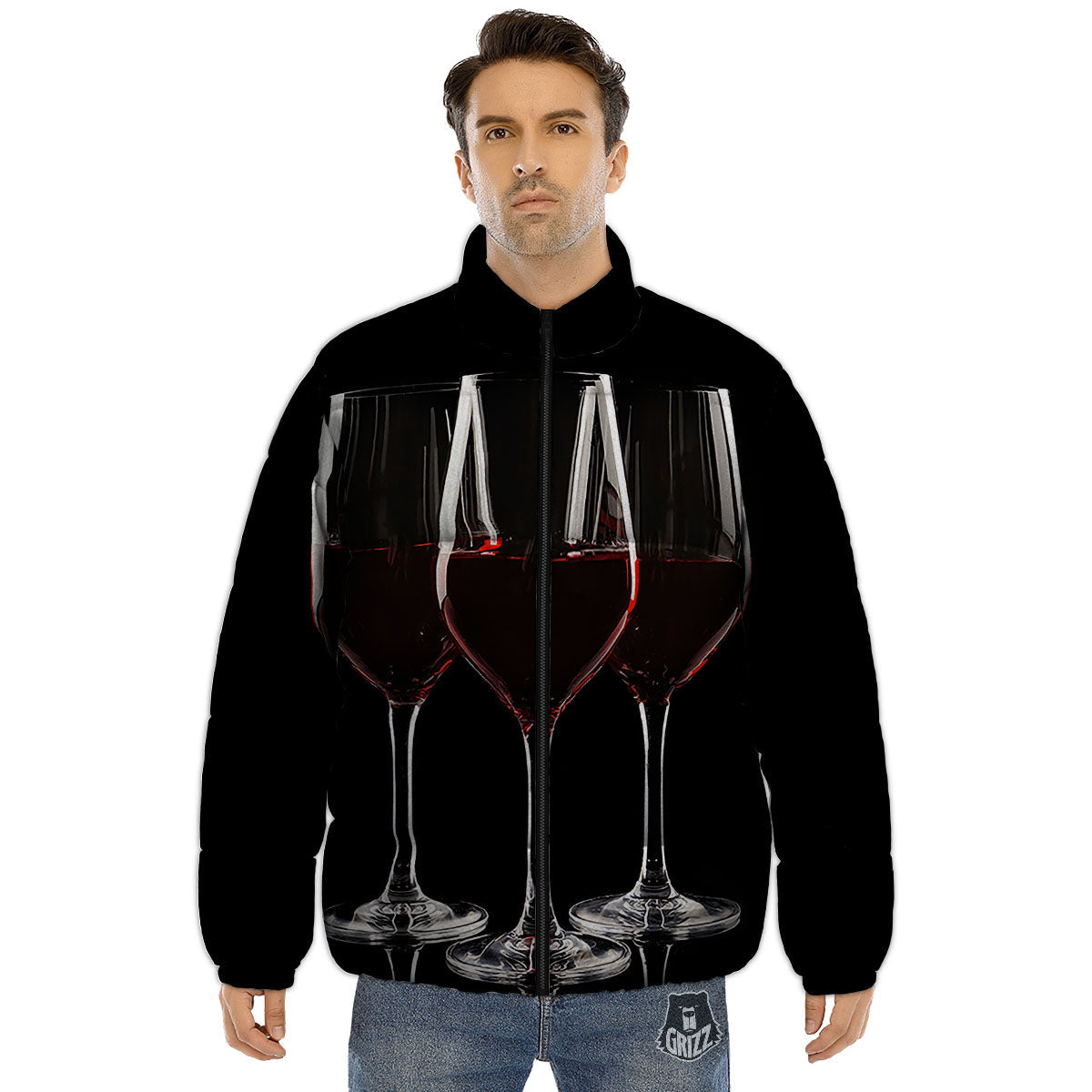 Wine Glasses Print Puffer Jacket-grizzshop