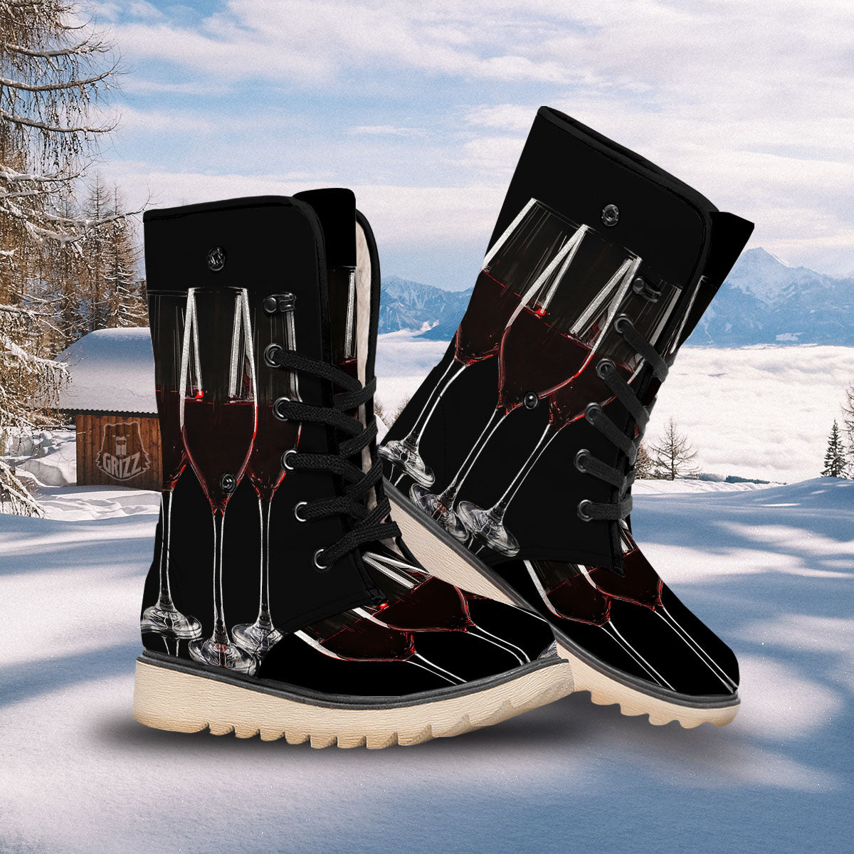 Wine Glasses Print Snow Boots-grizzshop
