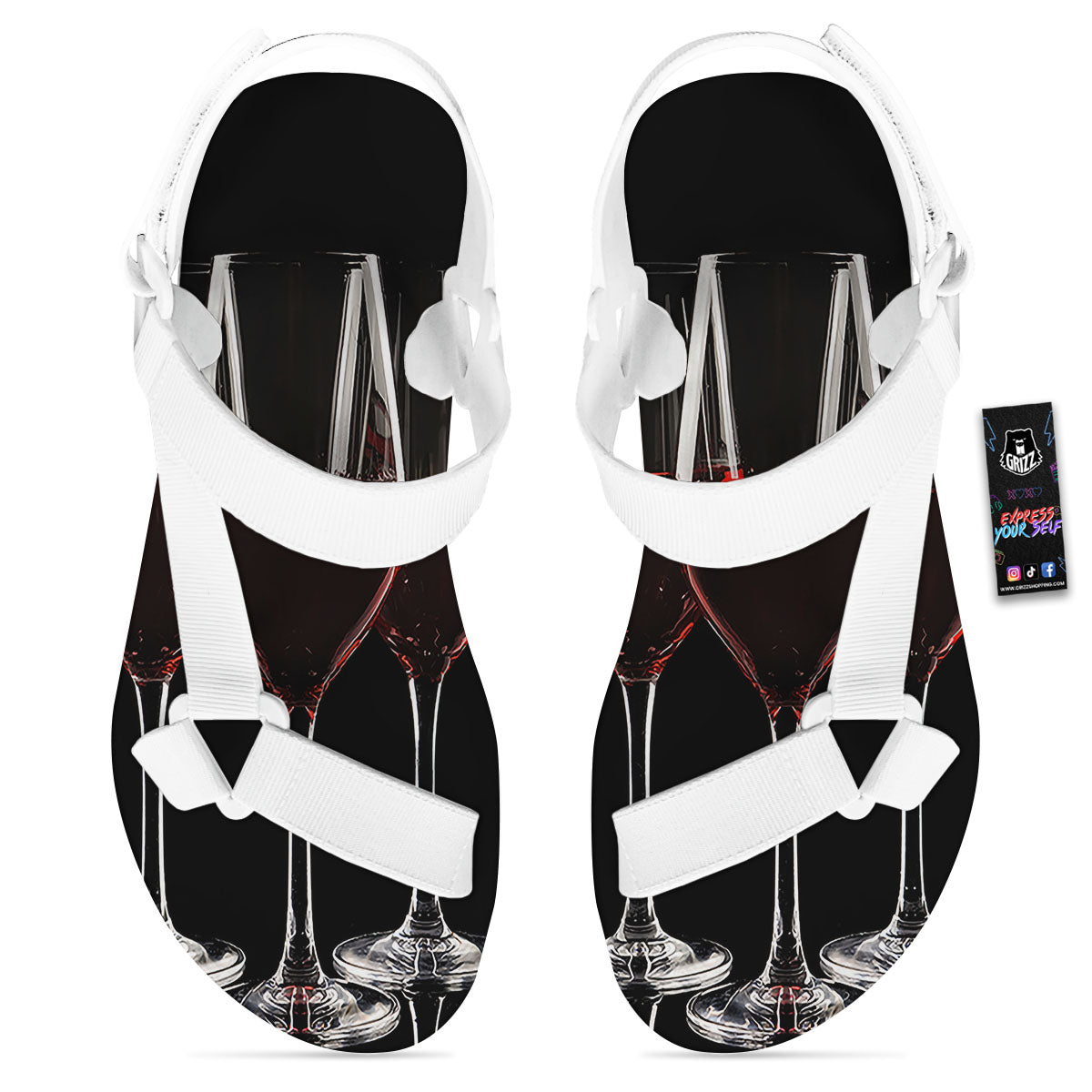 Wine Glasses Print White Open Toe Sandals-grizzshop