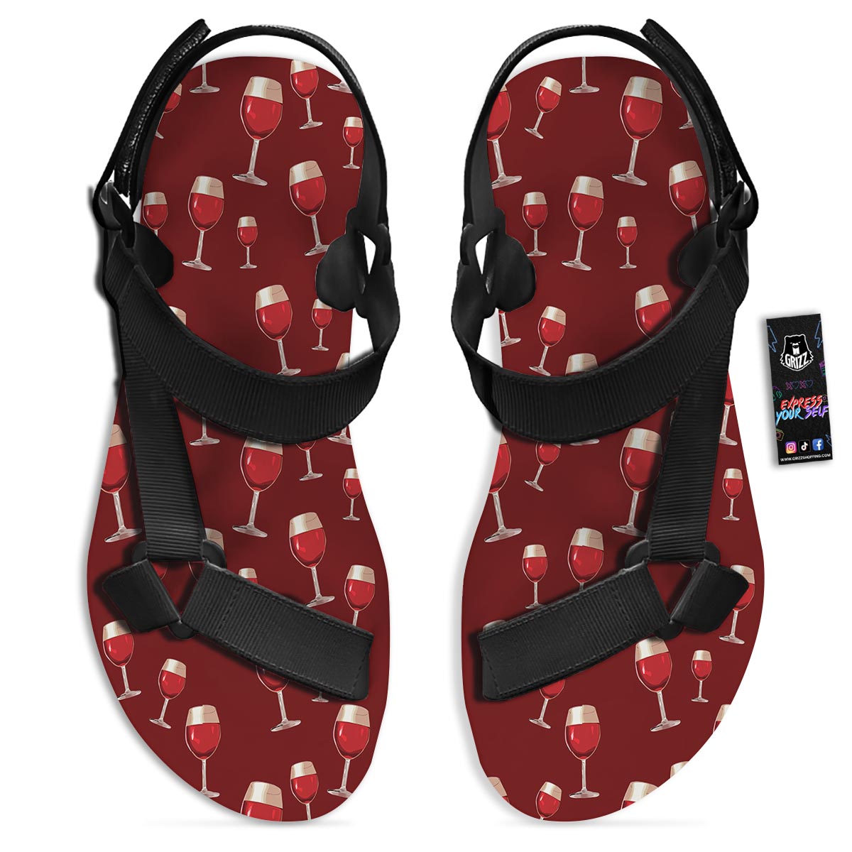 Wine Red Print Pattern Black Open Toe Sandals-grizzshop