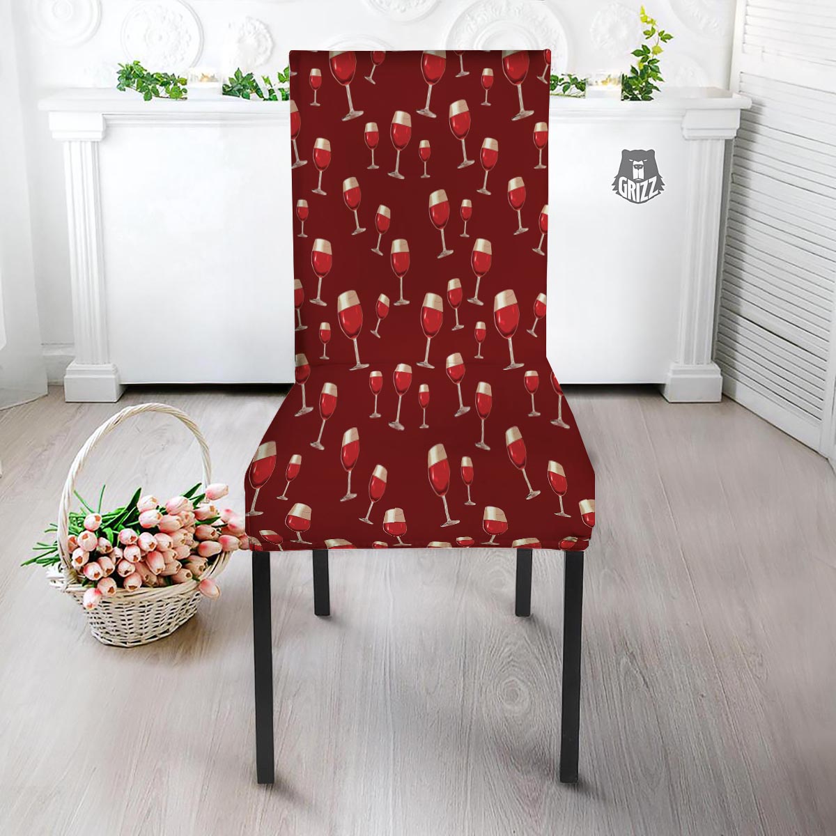 Wine Red Print Pattern Dining Chair Slipcover-grizzshop
