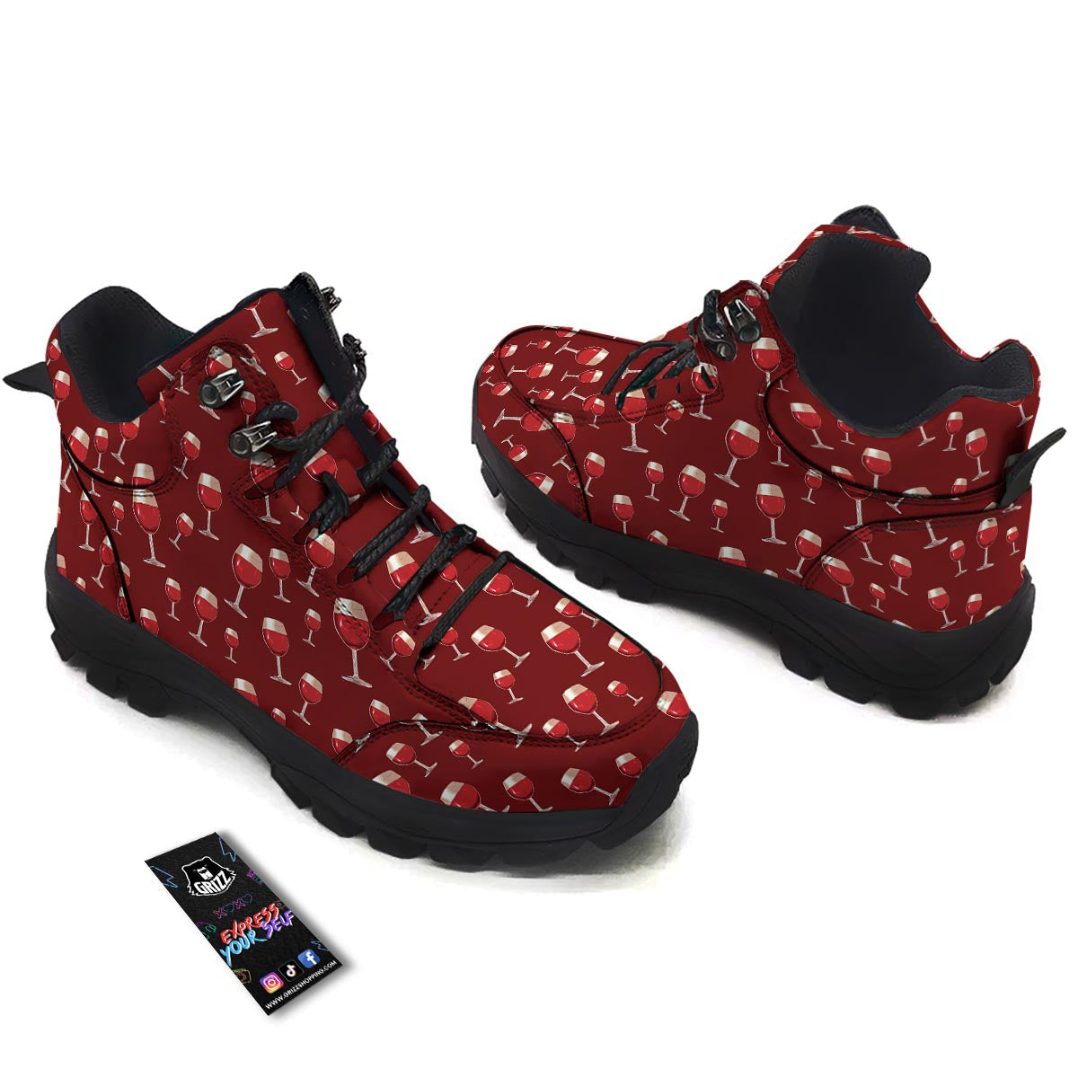 Wine Red Print Pattern Hiking Shoes-grizzshop