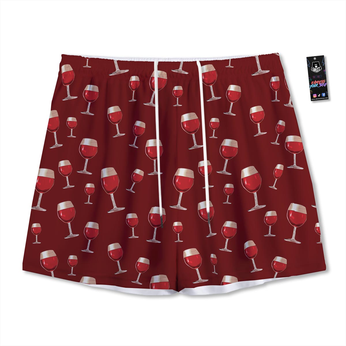 Wine Red Print Pattern Mesh Shorts-grizzshop
