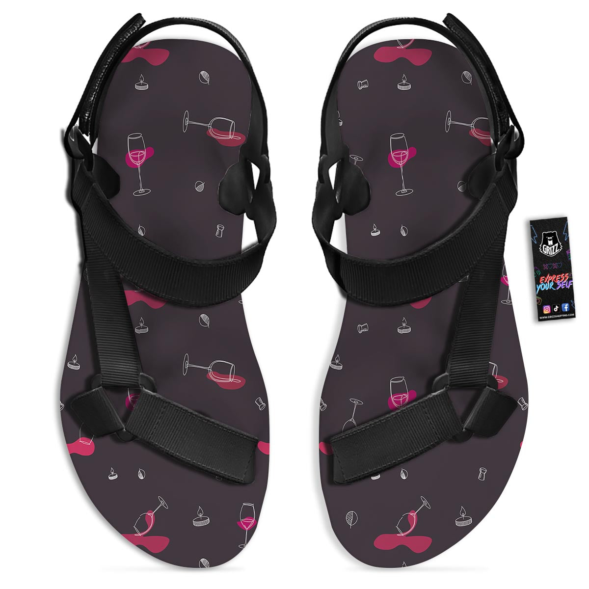 Wine Splash Print Pattern Black Open Toe Sandals-grizzshop
