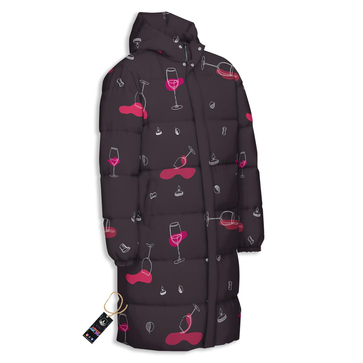 Wine Splash Print Pattern Long Down Jacket-grizzshop