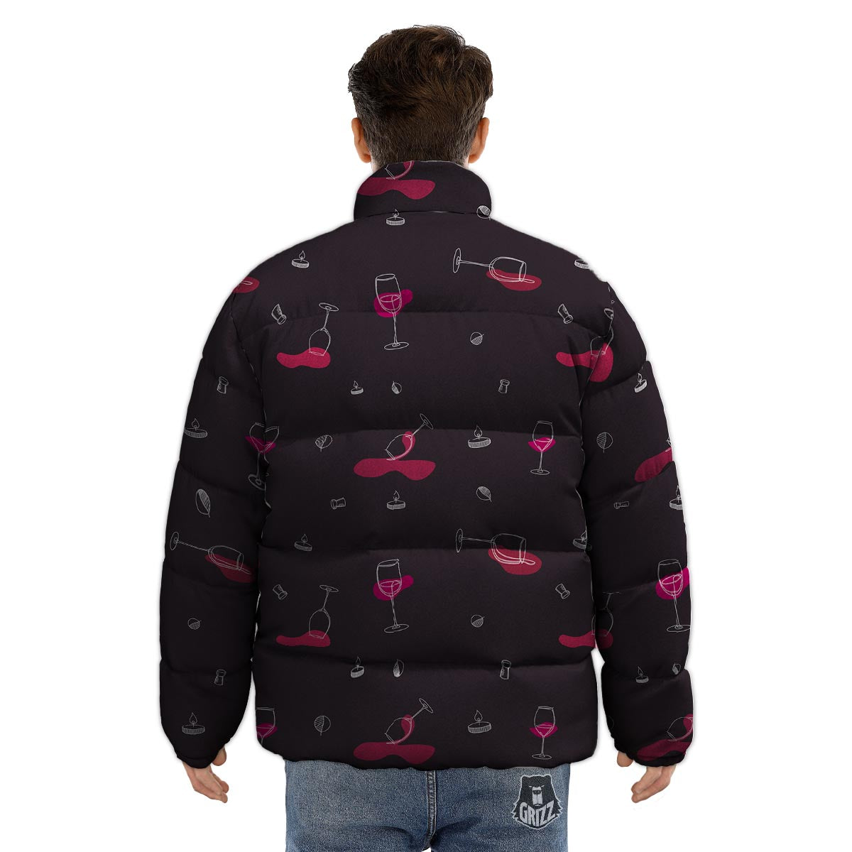 Wine Splash Print Pattern Puffer Jacket-grizzshop