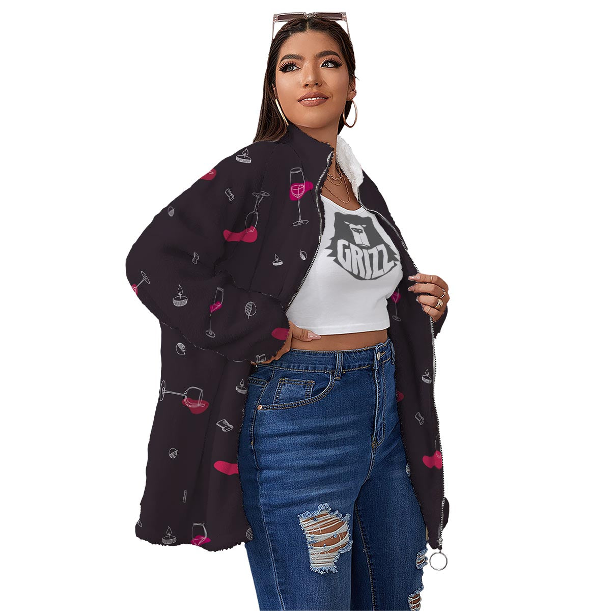 Wine Splash Print Pattern Women's Sherpa Jacket-grizzshop