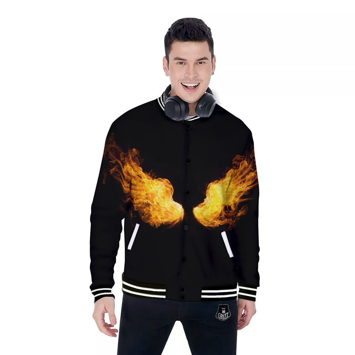 Wings Flame Print Baseball Jacket-grizzshop