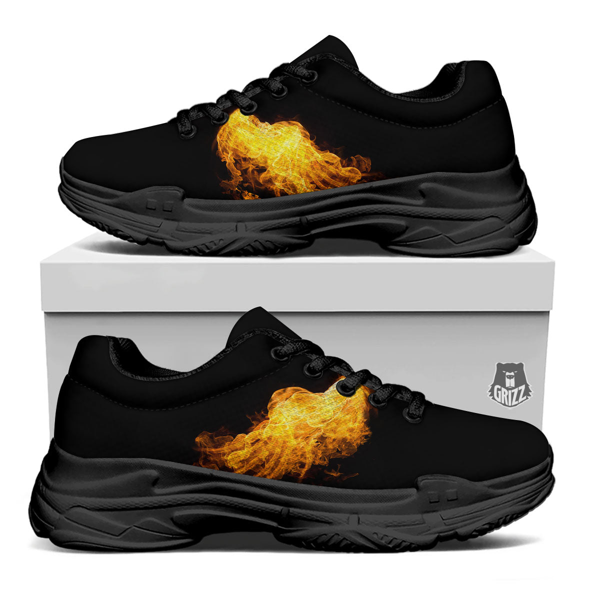 Wings Flame Print Black Chunky Shoes-grizzshop