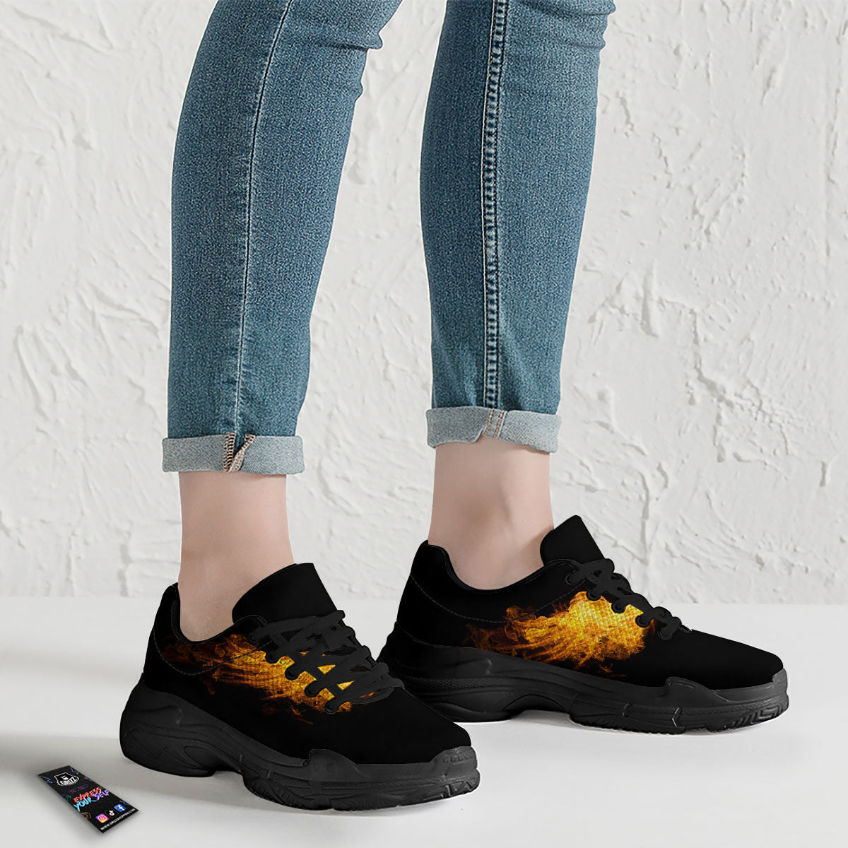 Wings Flame Print Black Chunky Shoes-grizzshop