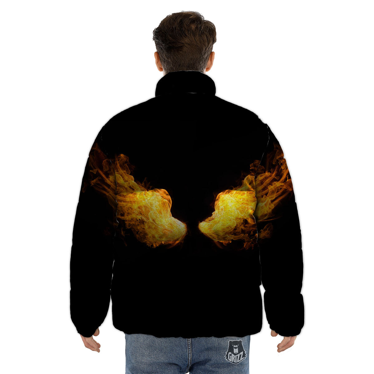 Wings Flame Print Puffer Jacket-grizzshop
