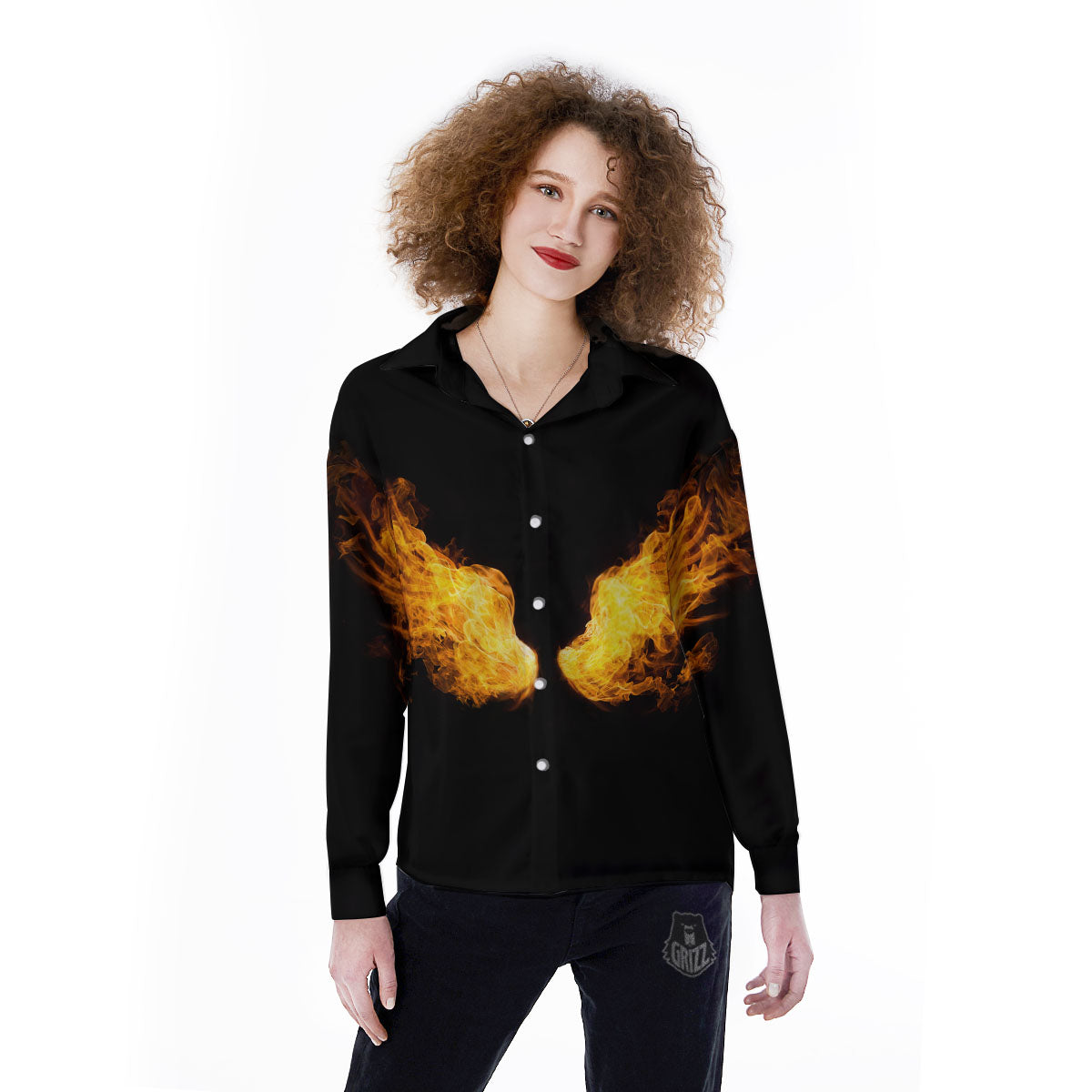 Wings Flame Print Women's Long Sleeve Shirts-grizzshop