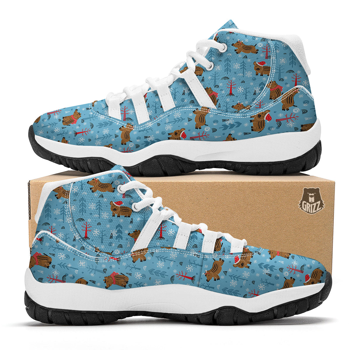 Winter Boar Print Pattern White Bball Shoes-grizzshop