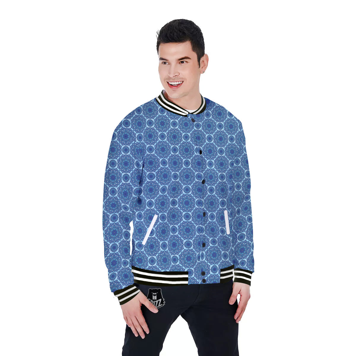 Winter Mandala Blue Print Baseball Jacket-grizzshop