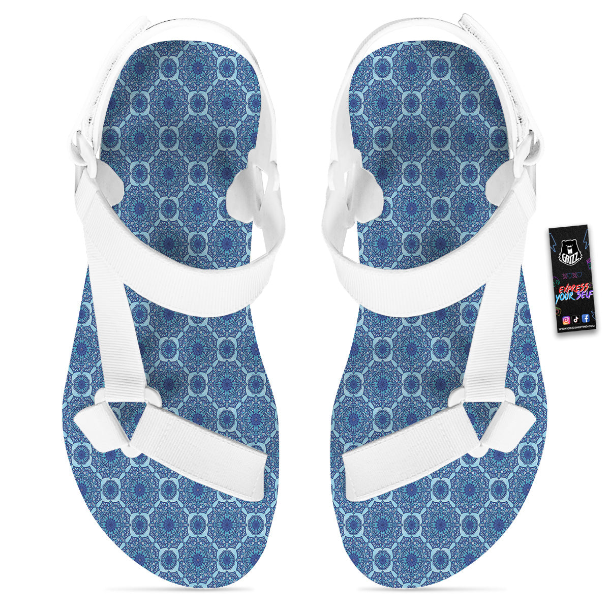 Winter Mandala Blue Print White Open Toe Sandals-grizzshop