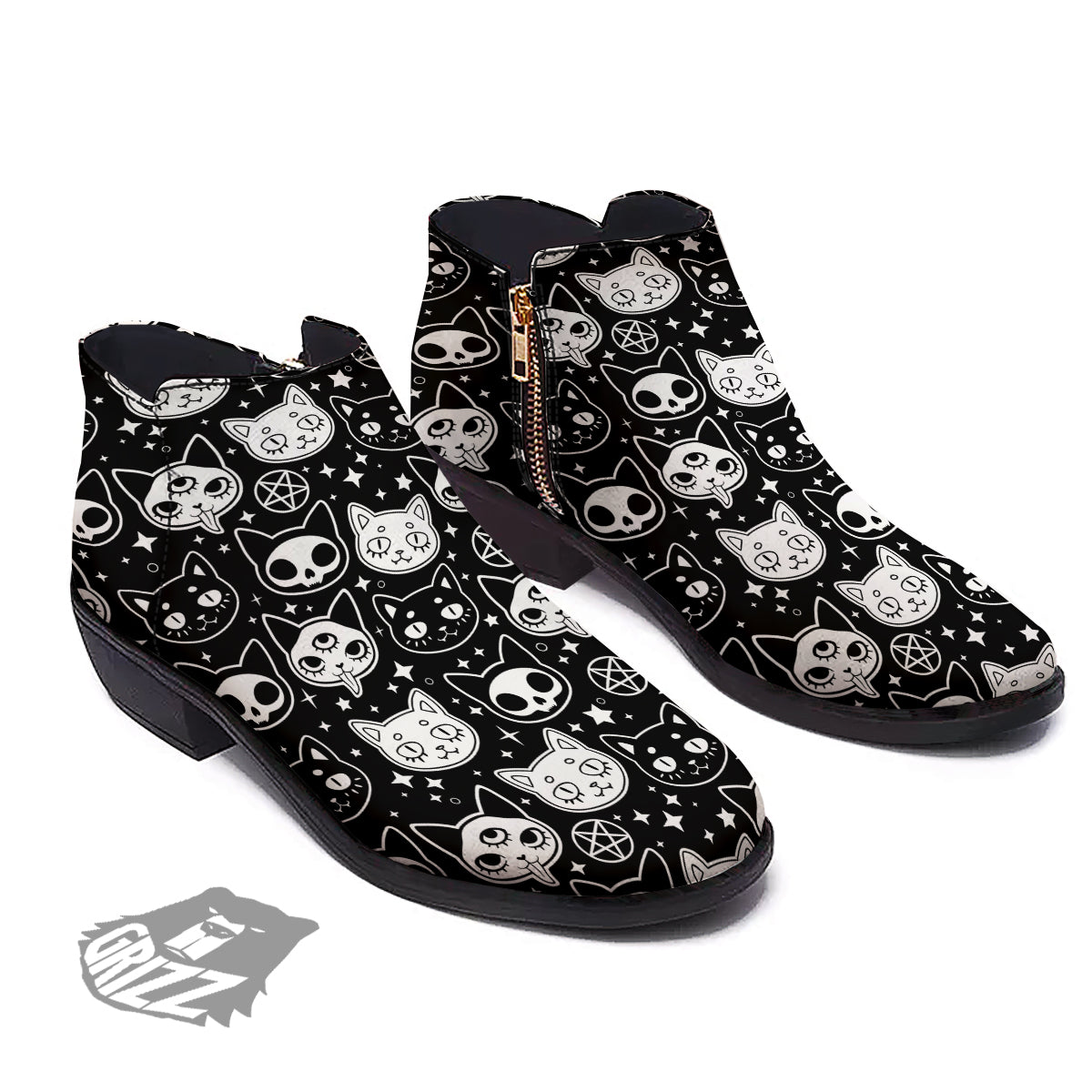 Witch And Ghost Black White Print Pattern Ankle Boots-grizzshop