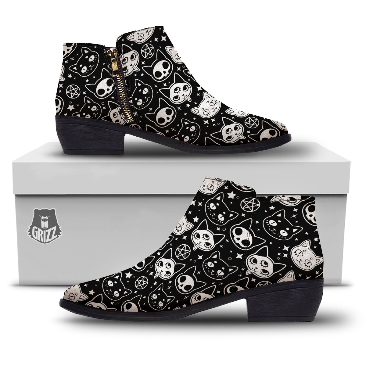 Witch And Ghost Black White Print Pattern Ankle Boots-grizzshop