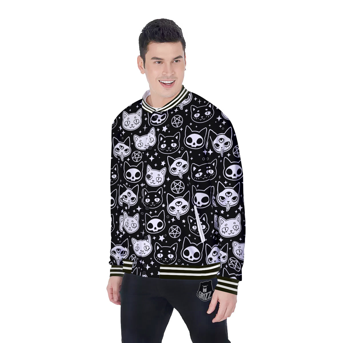 Witch And Ghost Black White Print Pattern Baseball Jacket-grizzshop