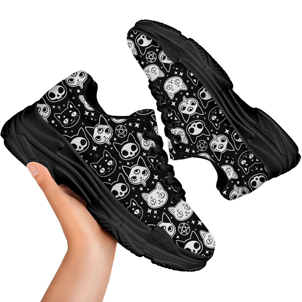 Witch And Ghost Black White Print Pattern Black Chunky Shoes-grizzshop