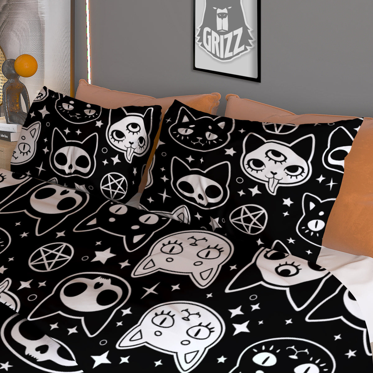Witch And Ghost Black White Print Pattern Duvet Cover Bedding Set