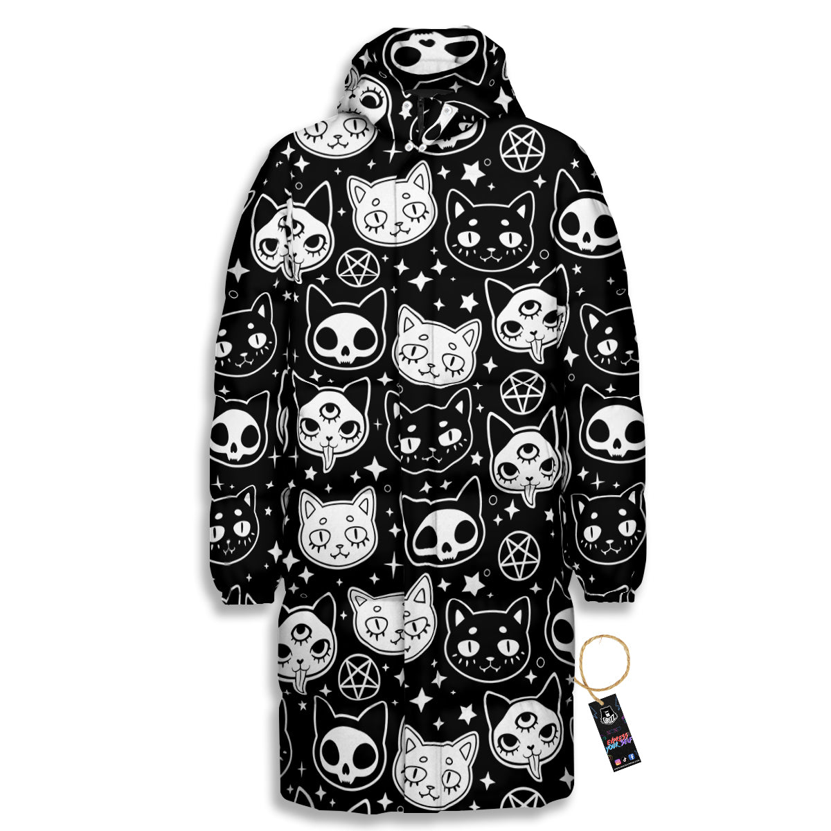 Witch And Ghost Black White Print Pattern Long Down Jacket-grizzshop