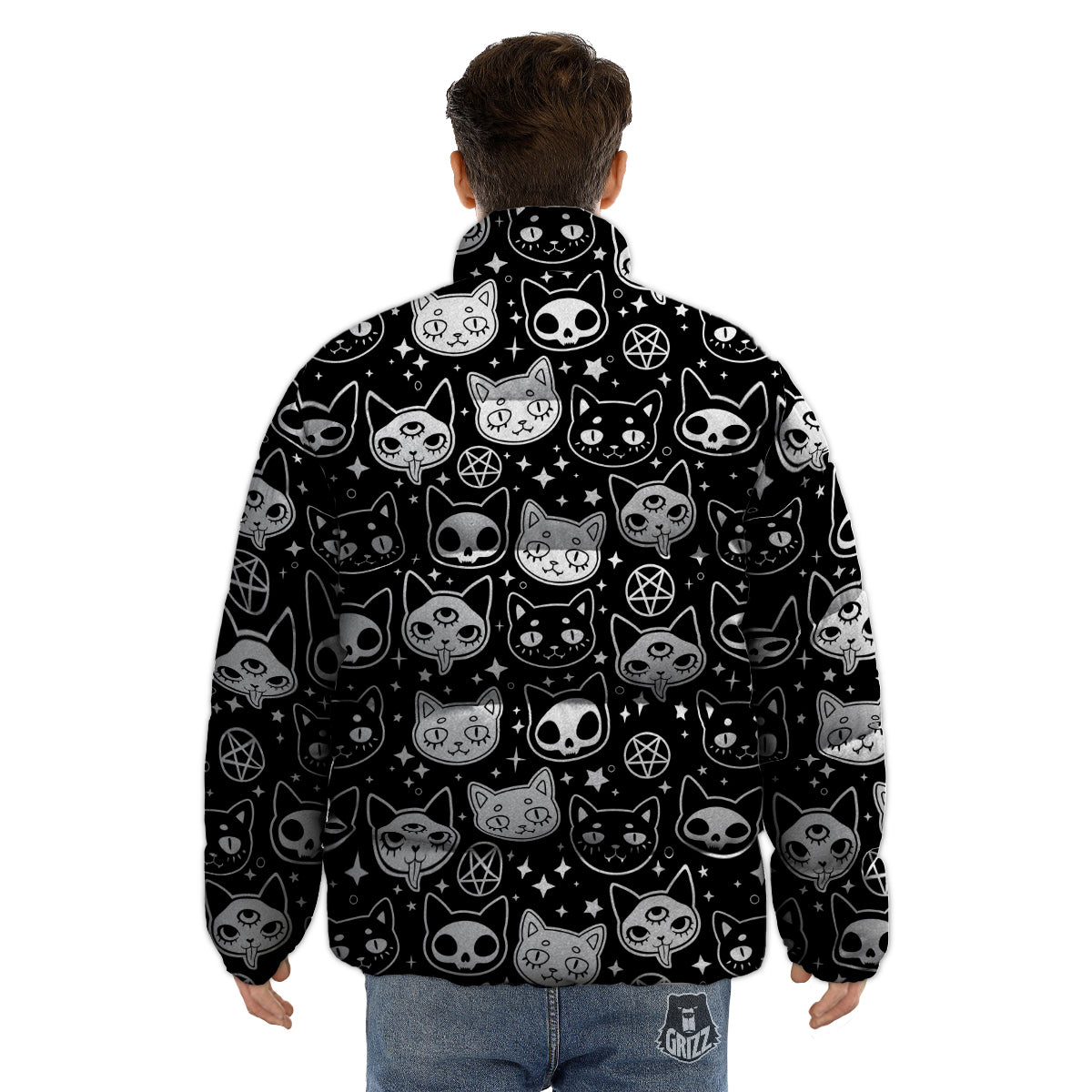 Witch And Ghost Black White Print Pattern Puffer Jacket-grizzshop
