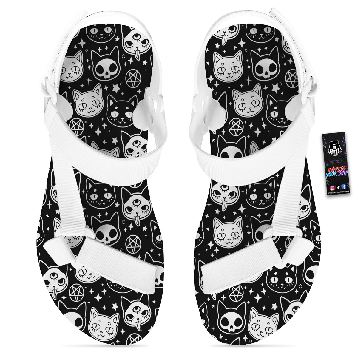 Witch And Ghost Black White Print Pattern White Open Toe Sandals-grizzshop