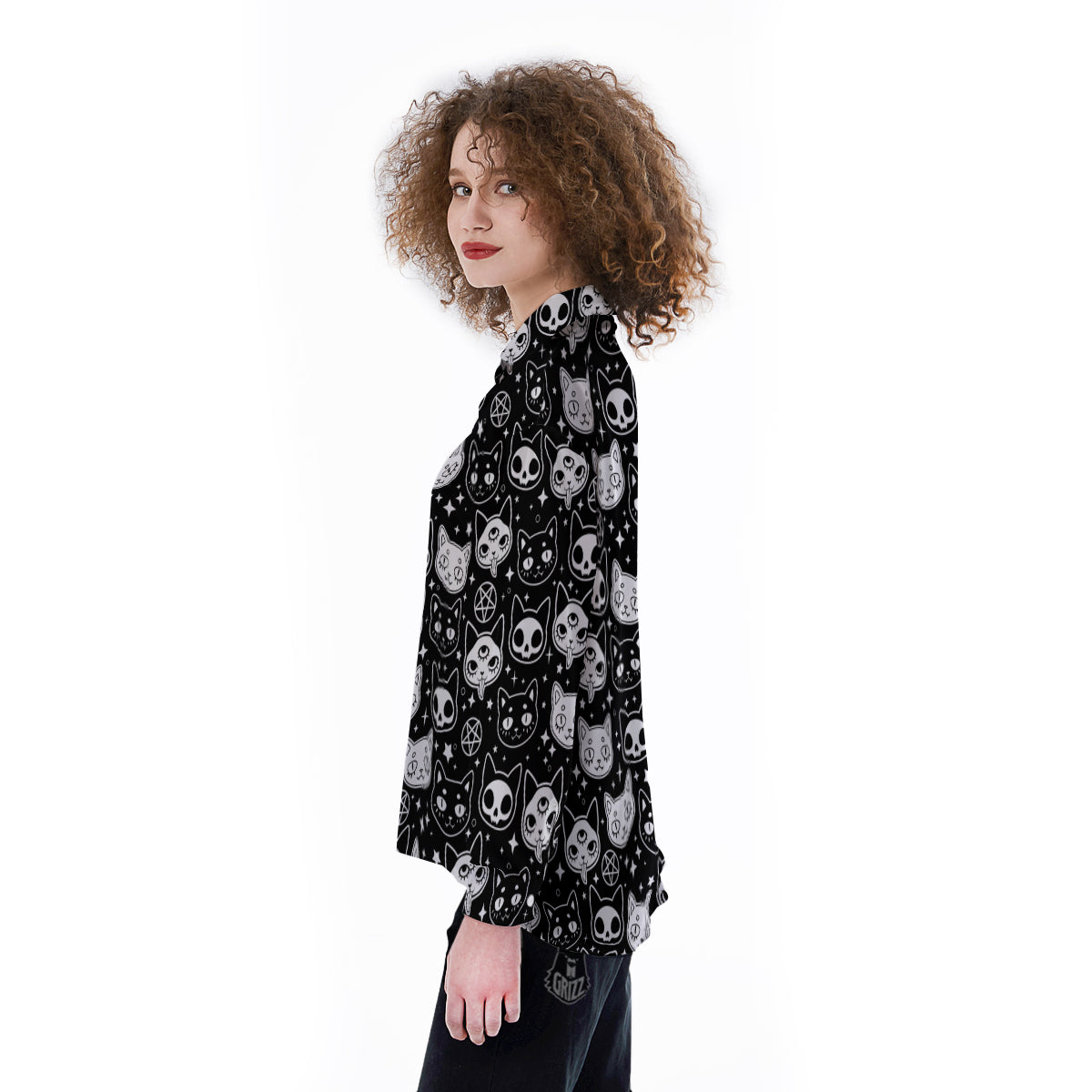 Witch And Ghost Black White Print Pattern Women's Long Sleeve Shirts-grizzshop