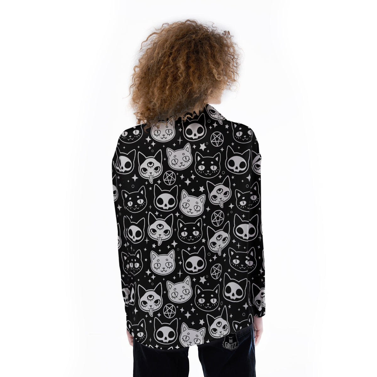 Witch And Ghost Black White Print Pattern Women's Long Sleeve Shirts-grizzshop