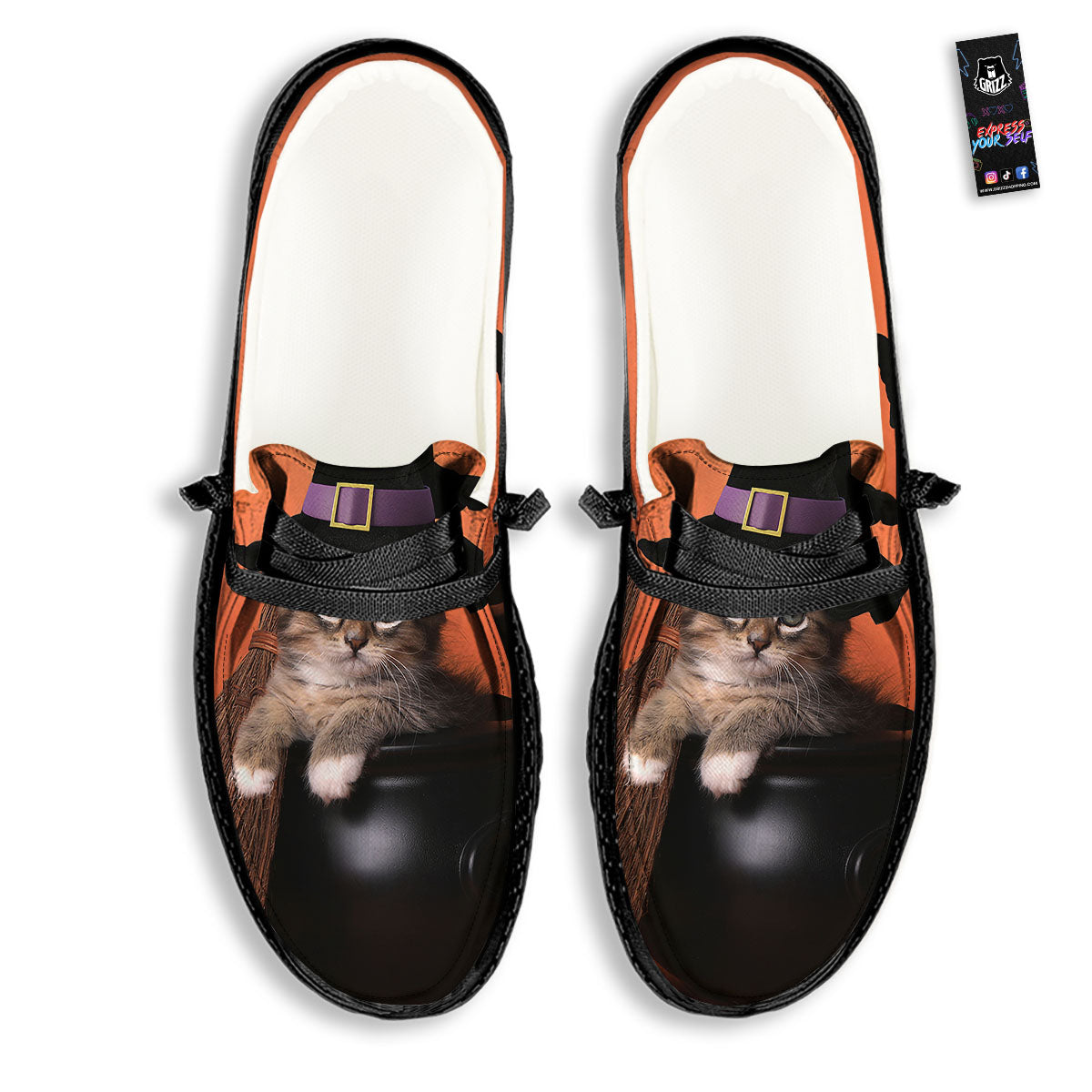 Witch Cat Halloween Cute Print Black Loafers-grizzshop