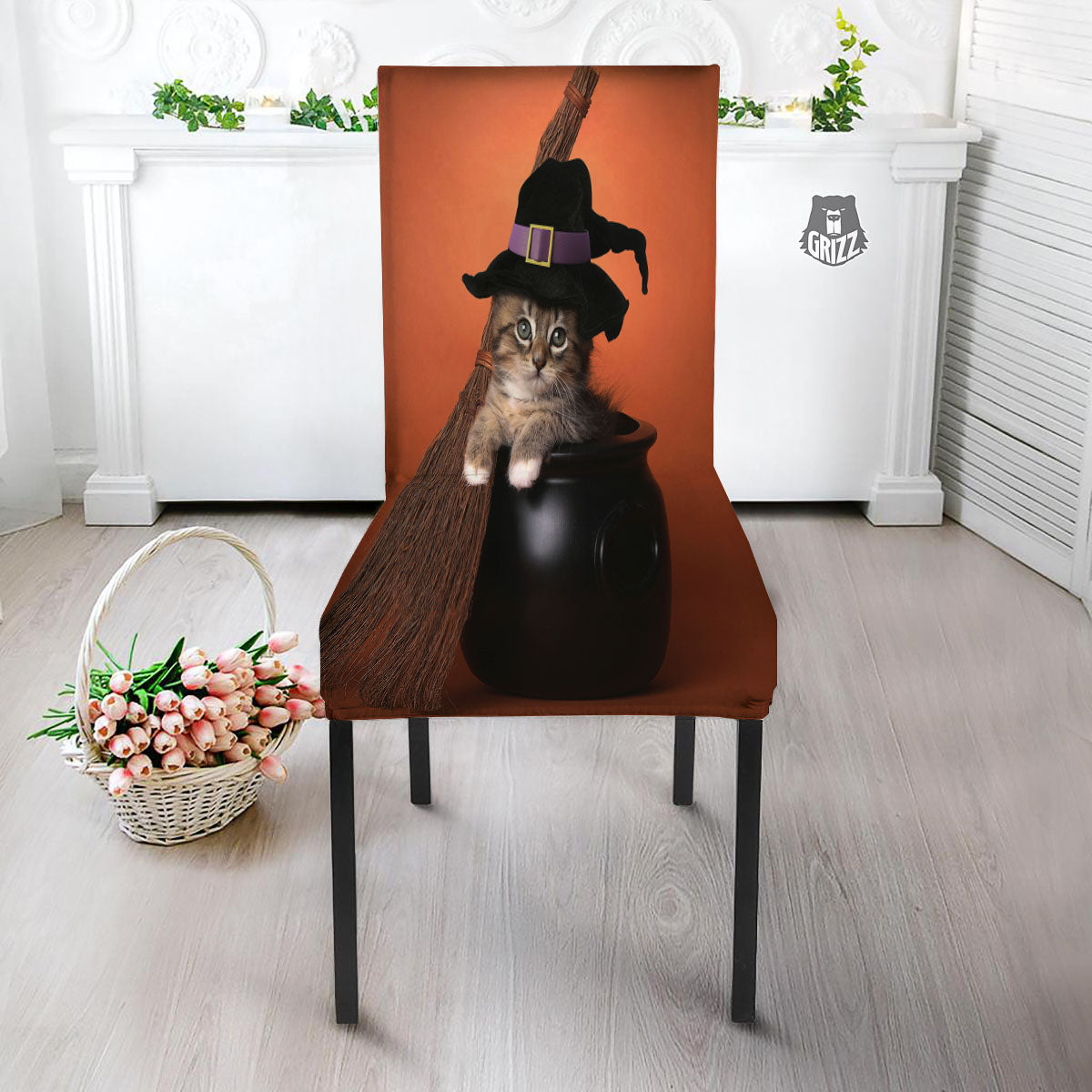 Witch Cat Halloween Cute Print Dining Chair Slipcover-grizzshop