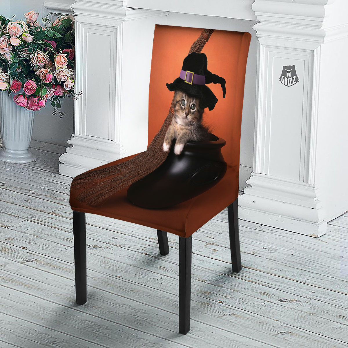 Witch Cat Halloween Cute Print Dining Chair Slipcover-grizzshop