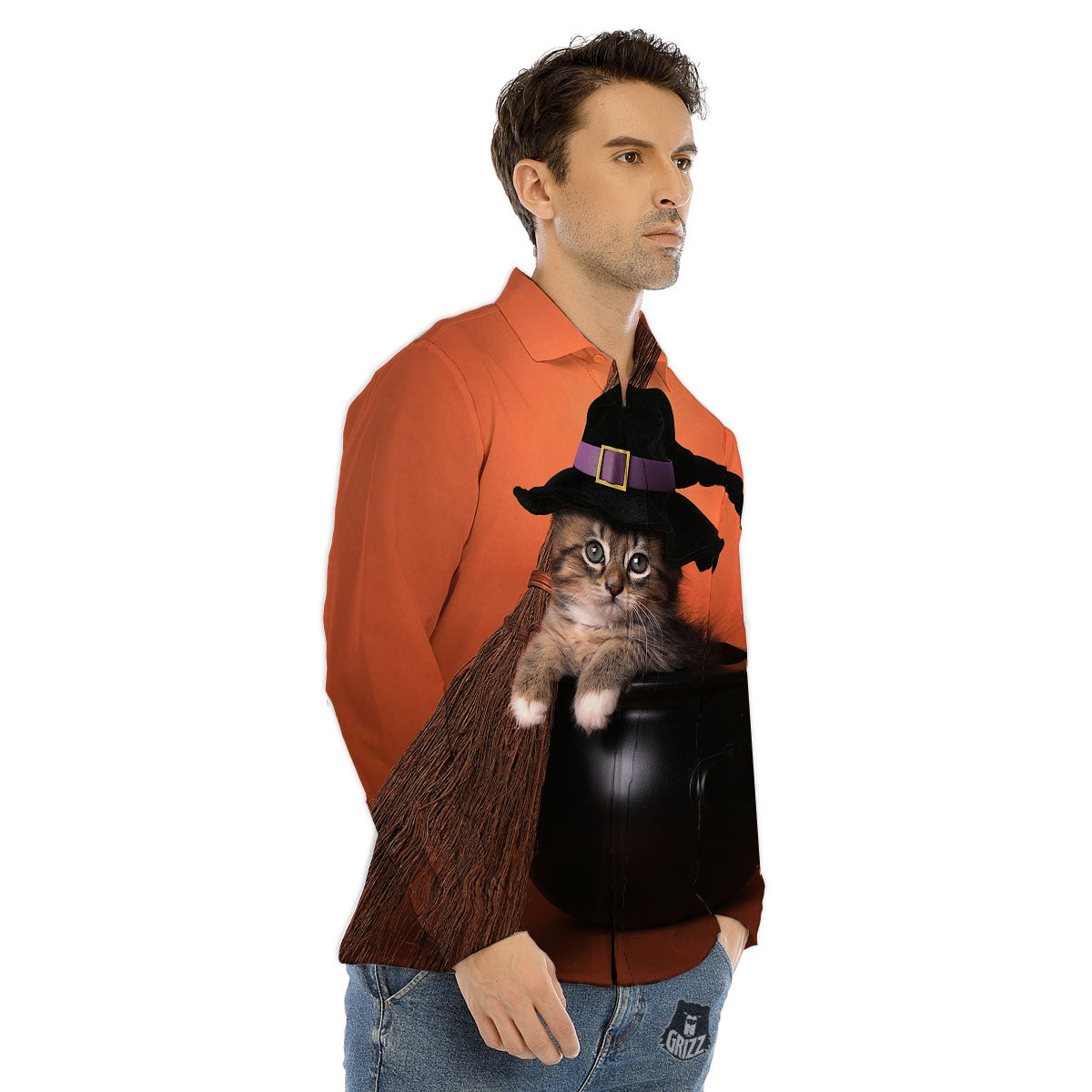Witch Cat Halloween Cute Print Men's Dress Shirts-grizzshop