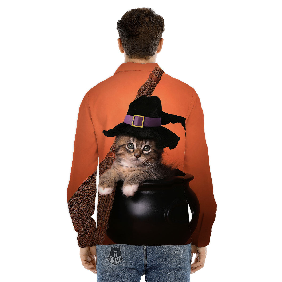 Witch Cat Halloween Cute Print Men's Dress Shirts-grizzshop