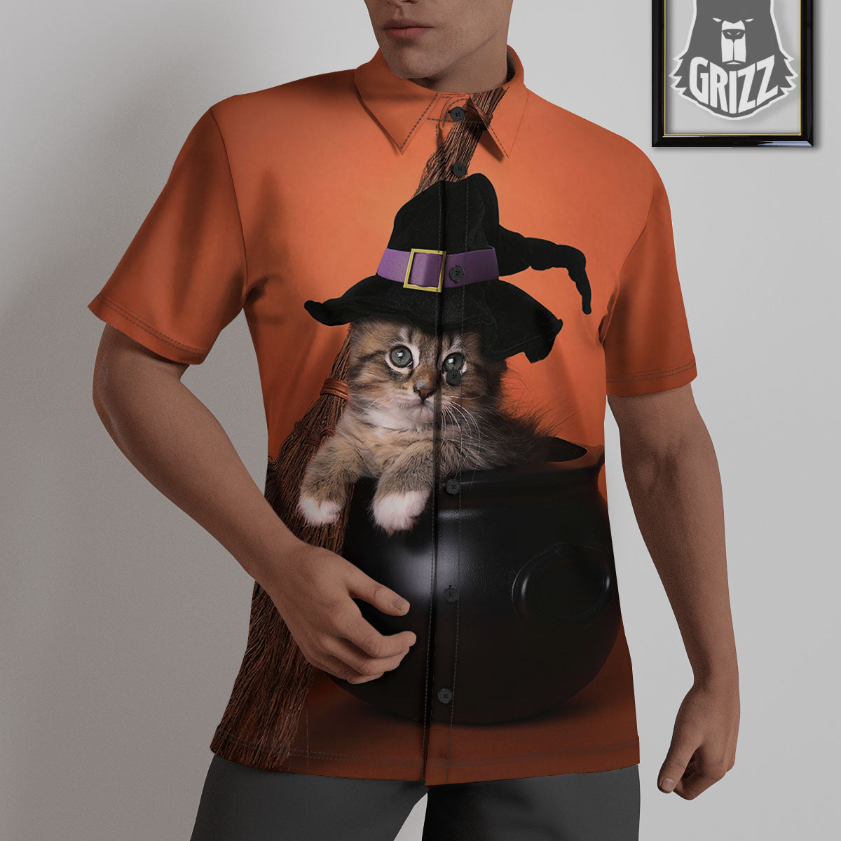 Witch Cat Halloween Cute Print Untucked Shirts-grizzshop