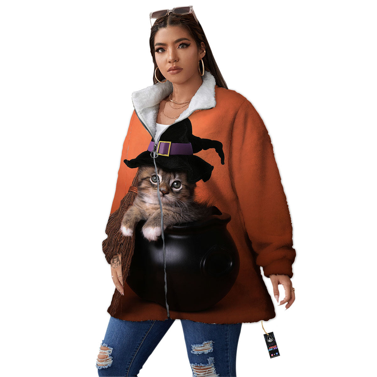 Witch Cat Halloween Cute Print Women's Sherpa Jacket-grizzshop