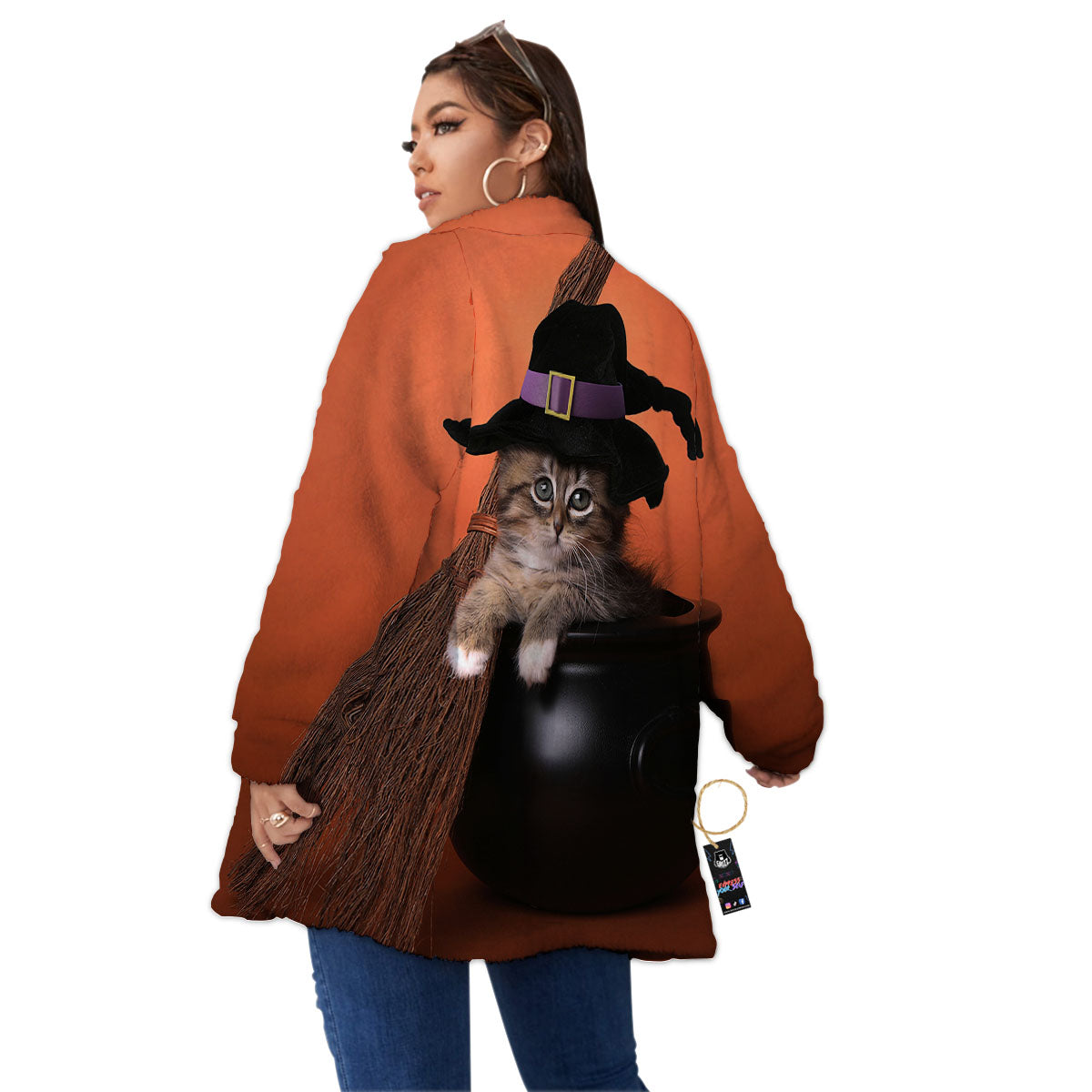 Witch Cat Halloween Cute Print Women's Sherpa Jacket-grizzshop